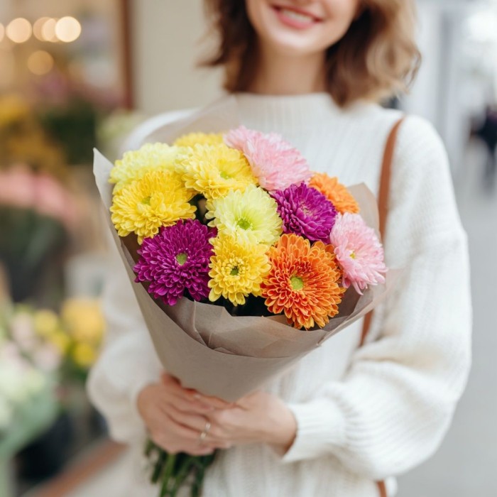 Букет 13 разноцветных хризантем Букет 13 разноцветных хризантем