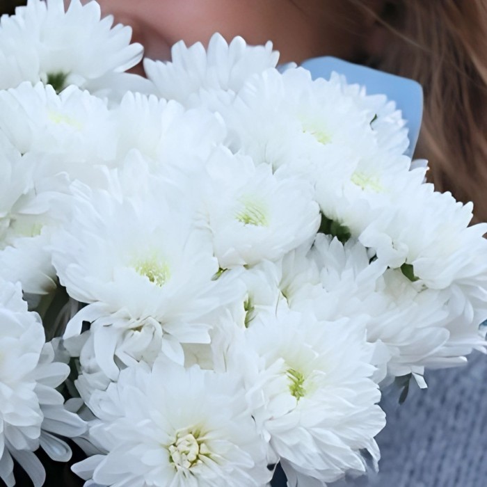 Букет 3 белые хризантемы в голубом оформлении Букет 3 белые хризантемы в голубом оформлении