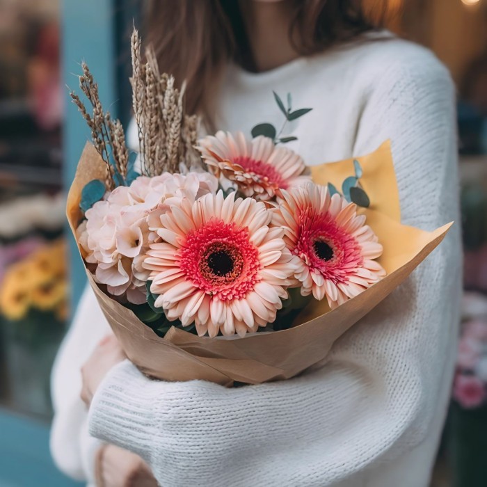 Букет 3 герберы с гортензией и пшеницей Букет 3 герберы с гортензией и пшеницей