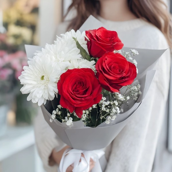 3 красные розы и кустовая хризантема