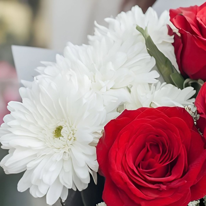 Букет 3 красные розы и кустовая хризантема Букет 3 красные розы и кустовая хризантема