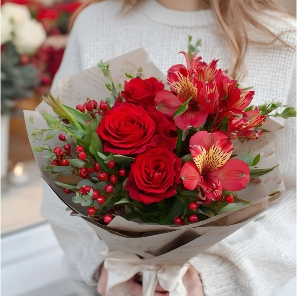 Букет 3 красные розы с красными альстромериями