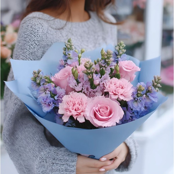 3 розовые розы с гвоздикой и маттиолой