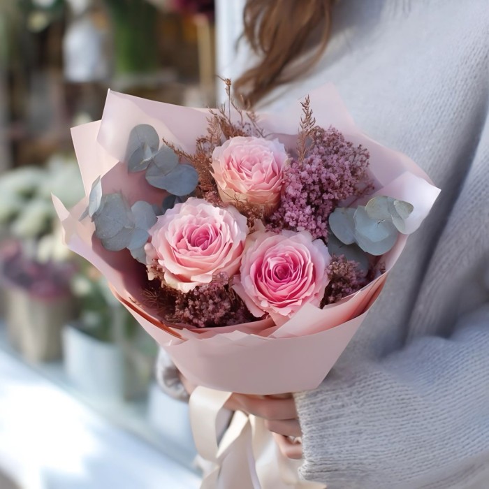 Букет 3 розовые розы с сухоцветом Букет 3 розовые розы с сухоцветом