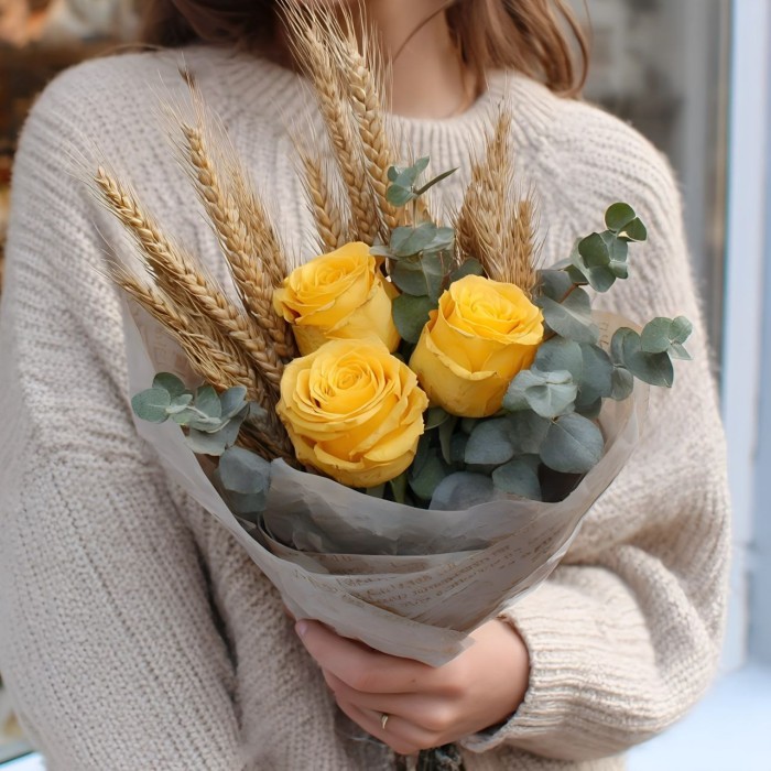 3 желтые розы с эвкалиптом и пшеницей 3 желтые розы с эвкалиптом и пшеницей