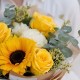 Букет 3 желтые розы с подсолнухом и эвкалиптом