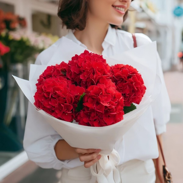 5 красных гортензий