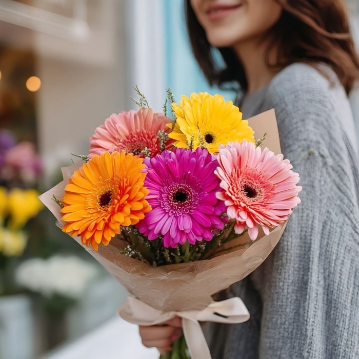 Букет 5 разноцветных гербер Букет 5 разноцветных гербер