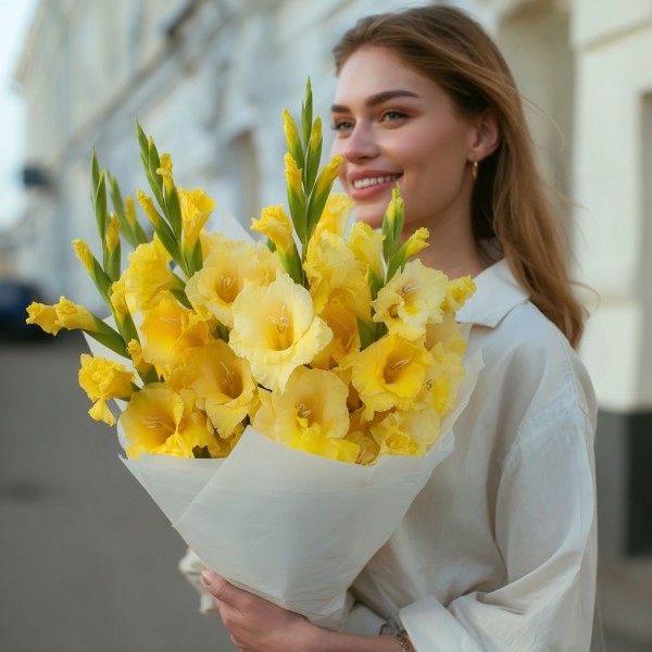 5 желтых гладиолусов
