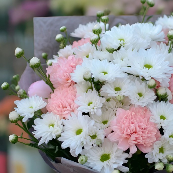 Букет 7 гвоздик, 3 пиона и хризантемы