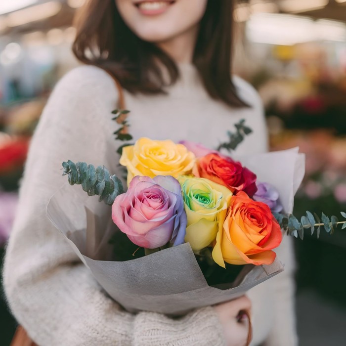 Букет 7 радужных роз с эвкалиптом Букет 7 радужных роз с эвкалиптом