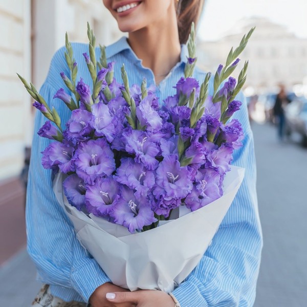 9 фиолетовых гладиолусов