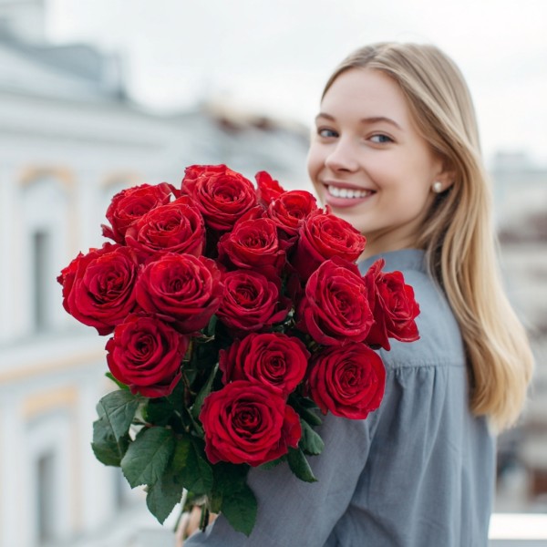 Букет из 15 красных роз 50 см