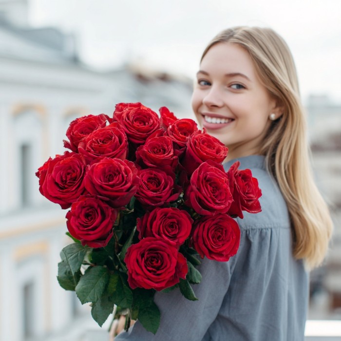 Букет 15 красных роз 50 см