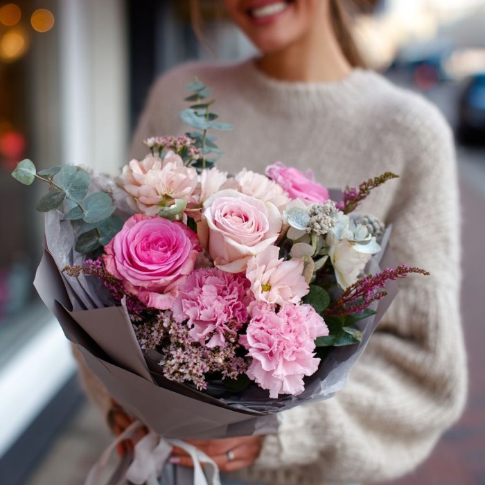 Букет роз с хамелациумом Букет роз с хамелациумом