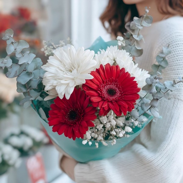 Красные герберы с хризантемой на День Матери