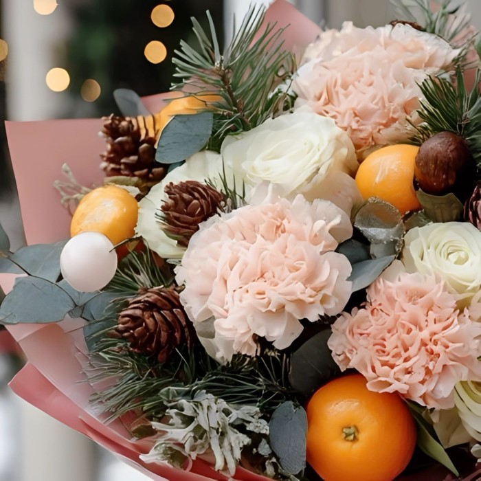 Новогодний букет с фруктами и шишками