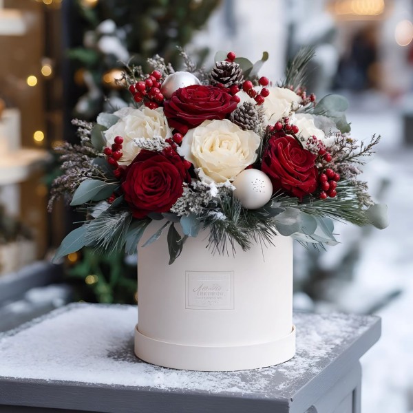 Новогодний букет в белой коробке с розами