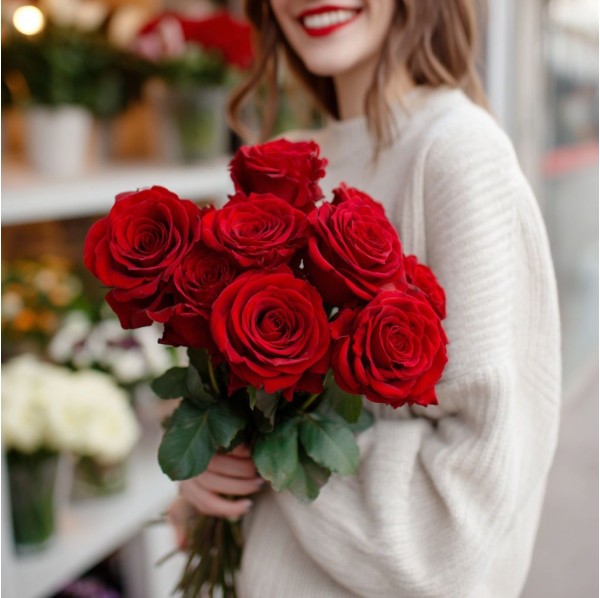 9 красных роз 50 см