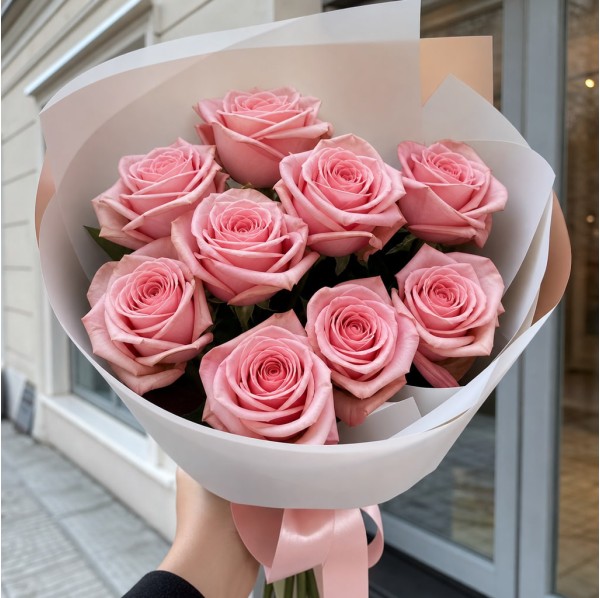 9 розовых роз