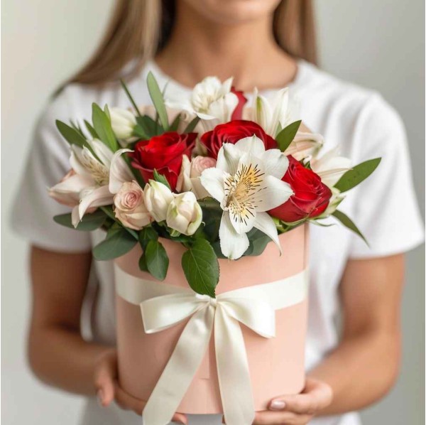 Белая альстромерия и розы в коробке