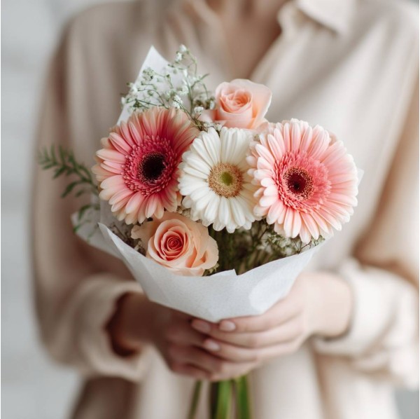 Букет герберы с кремовыми розами